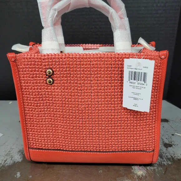 NWT Coach Dempsey Straw Leather Tote 22 with Coach Patch Miami Red CA291 - Picture 5 of 10